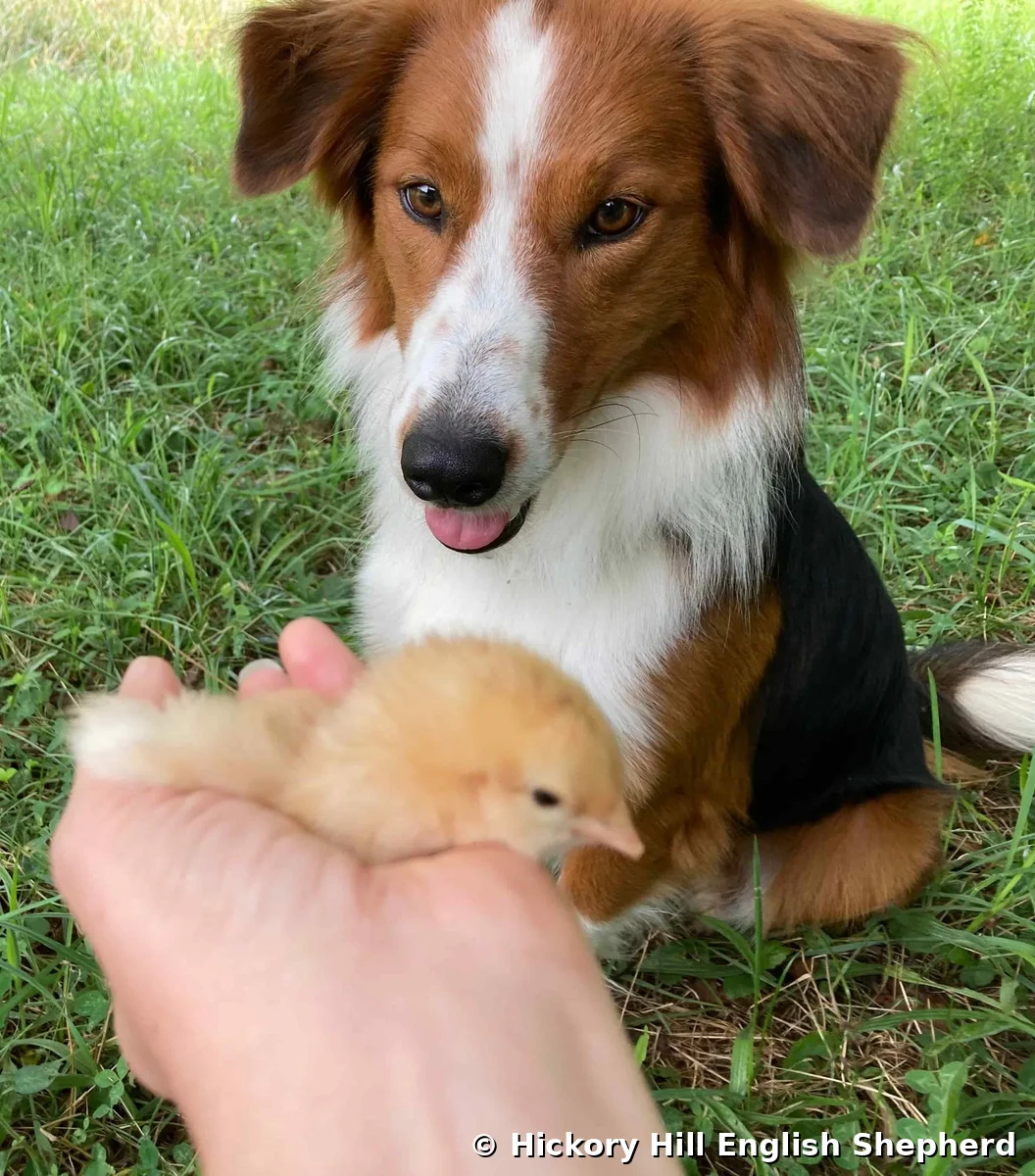 English Shepherd dog with baby chick showing calm gentle temperament bred at Hickory Hill English Shepherd